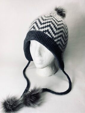 Club Monaco Gray & White Chevron Earflap Pom Hat Angora Cashmere